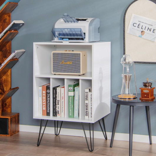 Freestanding Record Player Stand Record Storage Cabinet with Metal Legs-White - Image 4