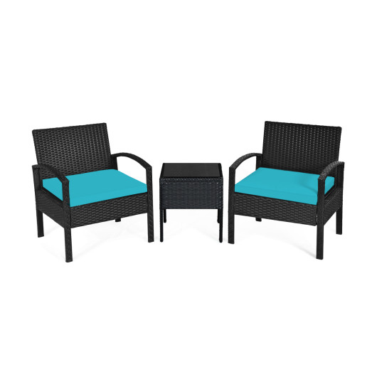 3 Pieces Outdoor Rattan Patio Conversation Set with Seat Cushions-Turquoise - Image 2