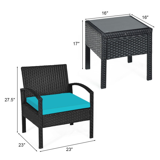 3 Pieces Outdoor Rattan Patio Conversation Set with Seat Cushions-Turquoise - Image 3