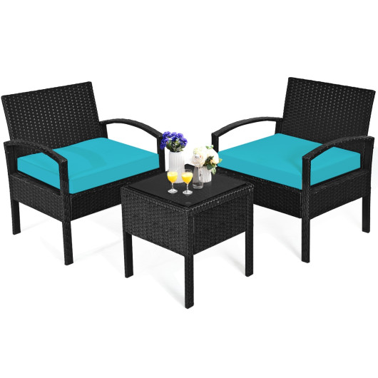 3 Pieces Outdoor Rattan Patio Conversation Set with Seat Cushions-Turquoise - Image 4