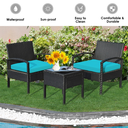3 Pieces Outdoor Rattan Patio Conversation Set with Seat Cushions-Turquoise - Image 5