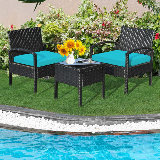 3 Pieces Outdoor Rattan Patio Conversation Set with Seat Cushions-Turquoise - Image 6