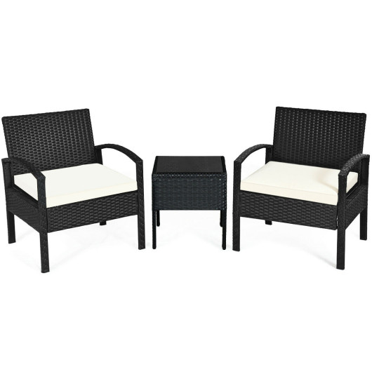 3 Pieces Outdoor Rattan Patio Conversation Set with Seat Cushions-White - Image 2
