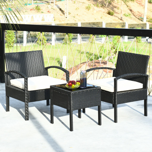 3 Pieces Outdoor Rattan Patio Conversation Set with Seat Cushions-White - Image 4