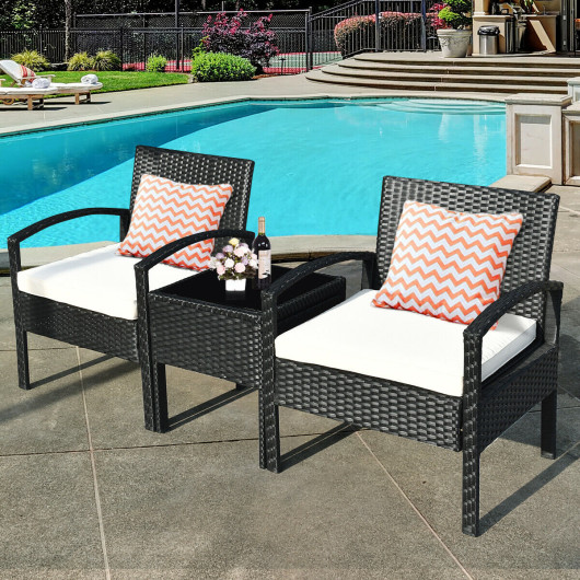 3 Pieces Outdoor Rattan Patio Conversation Set with Seat Cushions-White - Image 3