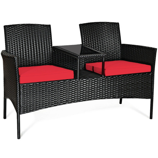 Wicker Patio Conversation Furniture Set with Removable Cushions and Table-Red - Image 4
