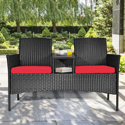 Wicker Patio Conversation Furniture Set with Removable Cushions and Table-Red - Image 5