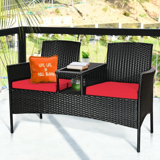 Wicker Patio Conversation Furniture Set with Removable Cushions and Table-Red - Image 6