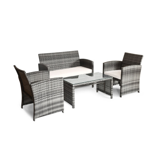 4 Pieces Patio Rattan Furniture Set with Glass Table and Loveseat-Black
