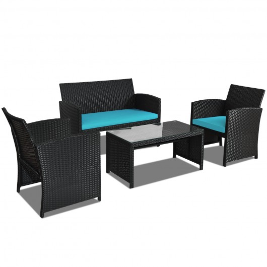 4 Pieces Rattan Patio Furniture Set with Weather Resistant Cushions and Tempered Glass Tabletop-Turquoise - Image 3