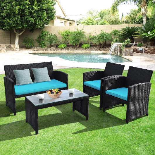 4 Pieces Rattan Patio Furniture Set with Weather Resistant Cushions and Tempered Glass Tabletop-Turquoise - Image 4