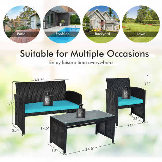 4 Pieces Rattan Patio Furniture Set with Weather Resistant Cushions and Tempered Glass Tabletop-Turquoise - Image 5