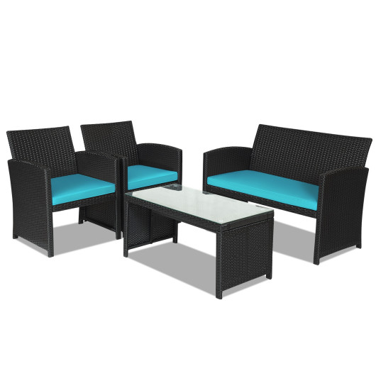 4 Pieces Rattan Patio Furniture Set with Weather Resistant Cushions and Tempered Glass Tabletop-Turquoise - Image 6