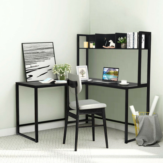 Reversible L-Shaped Corner Desk with Storage Bookshelf-Black - Image 3
