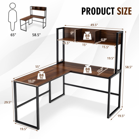 Reversible L-Shaped Corner Desk with Storage Bookshelf-Walnut - Image 5