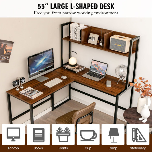 Reversible L-Shaped Corner Desk with Storage Bookshelf-Walnut - Image 4