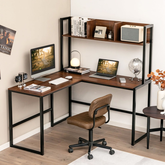 Reversible L-Shaped Corner Desk with Storage Bookshelf-Walnut - Image 3
