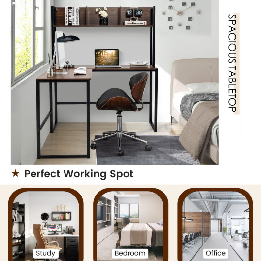 Reversible L-Shaped Corner Desk with Storage Bookshelf-Walnut - Image 2