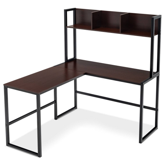 Reversible L-Shaped Corner Desk with Storage Bookshelf-Dark Brown - Image 2