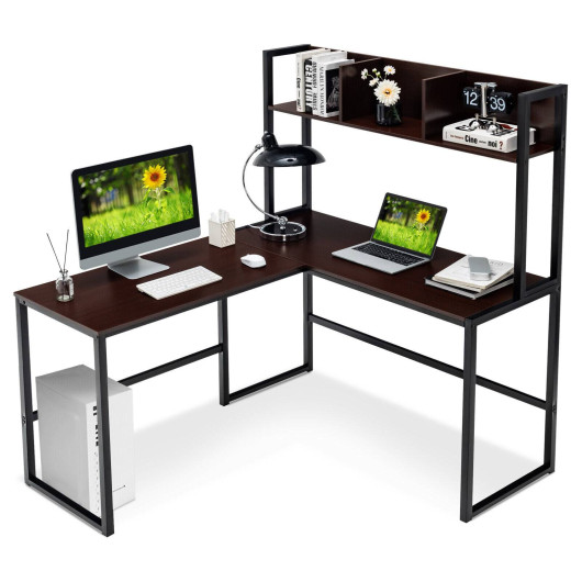 Reversible L-Shaped Corner Desk with Storage Bookshelf-Dark Brown - Image 6