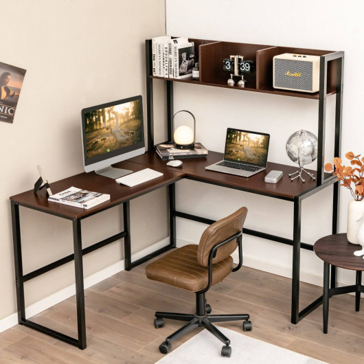 Reversible L-Shaped Corner Desk with Storage Bookshelf-Dark Brown - Image 4