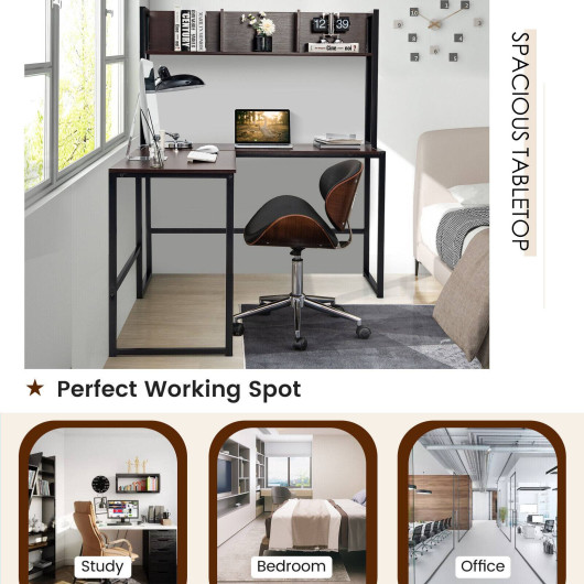Reversible L-Shaped Corner Desk with Storage Bookshelf-Dark Brown - Image 3