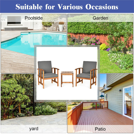 3PC Solid Wood Outdoor Patio Sofa Furniture Set-Gray - Image 3