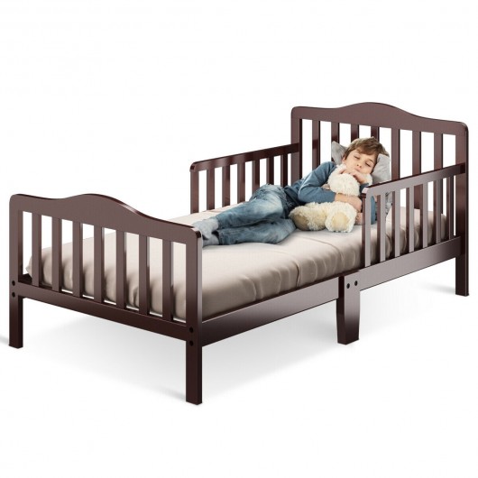 Classic Design Kids Wood Toddler Bed Frame with Two Side Safety Guardrails-Brown - Image 4