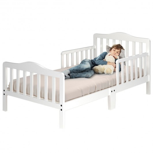 Classic Design Kids Wood Toddler Bed Frame with Two Side Safety Guardrails-White