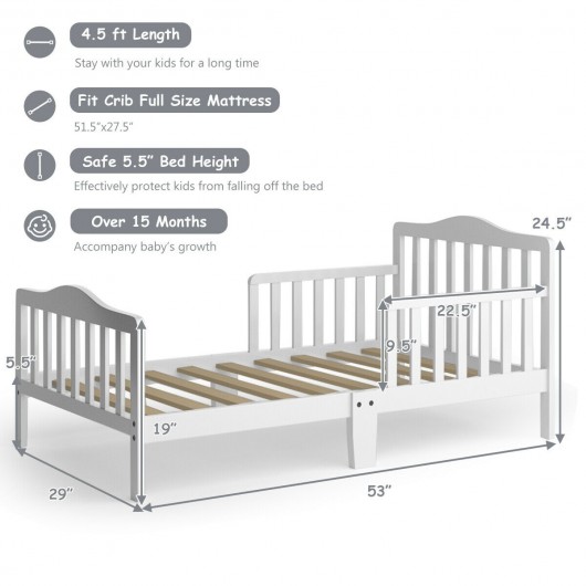 Classic Design Kids Wood Toddler Bed Frame with Two Side Safety Guardrails-White - Image 2