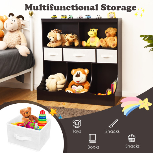 Freestanding Combo Cubby Bin Storage Organizer Unit W-3 Baskets-Brown - Image 4