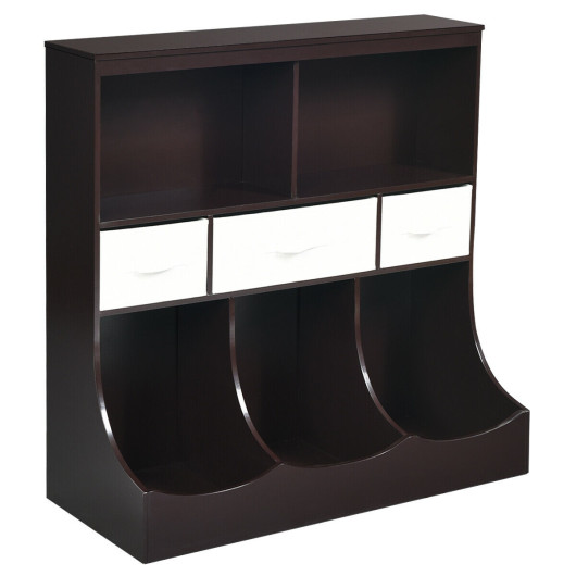 Freestanding Combo Cubby Bin Storage Organizer Unit W-3 Baskets-Brown - Image 2