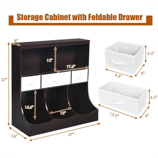 Freestanding Combo Cubby Bin Storage Organizer Unit W-3 Baskets-Brown - Image 6