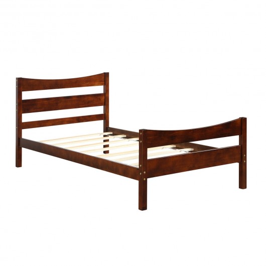 Twin Size Rustic Style Platform Bed Frame with Headboard and Footboard-Walnut