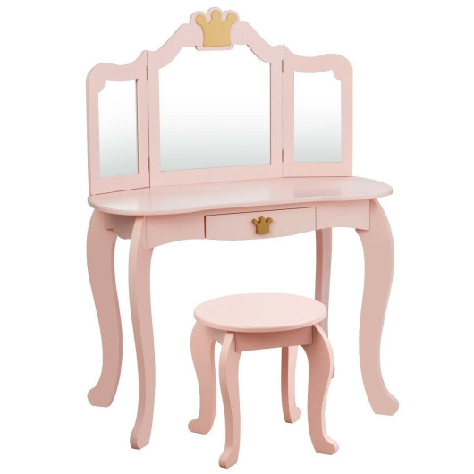 Kids Makeup Dressing Table with Tri-folding Mirror and Stool-Pink - Image 4