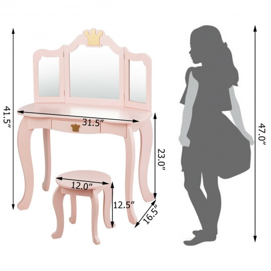 Kids Makeup Dressing Table with Tri-folding Mirror and Stool-Pink - Image 6