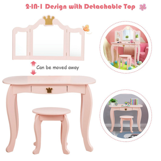 Kids Makeup Dressing Table with Tri-folding Mirror and Stool-Pink - Image 3