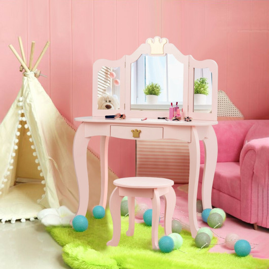 Kids Makeup Dressing Table with Tri-folding Mirror and Stool-Pink - Image 2