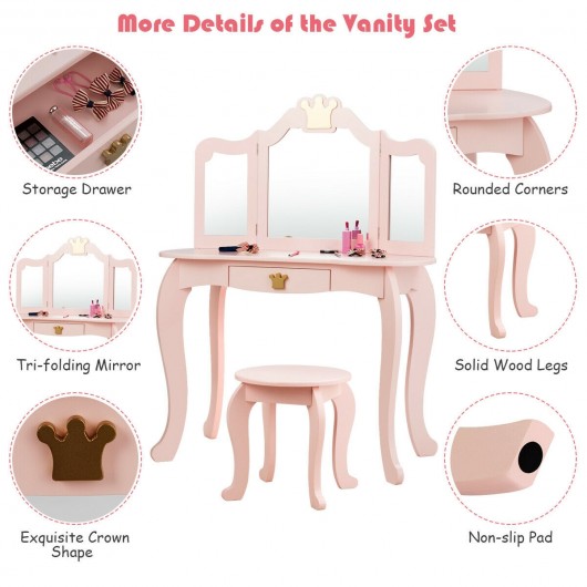 Kids Makeup Dressing Table with Tri-folding Mirror and Stool-Pink - Image 5