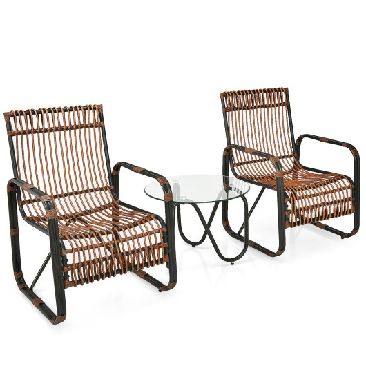 3 Pieces Patio Rattan Furniture Set with 2 Single Wicker Chairs and Glass Side Table - Image 4
