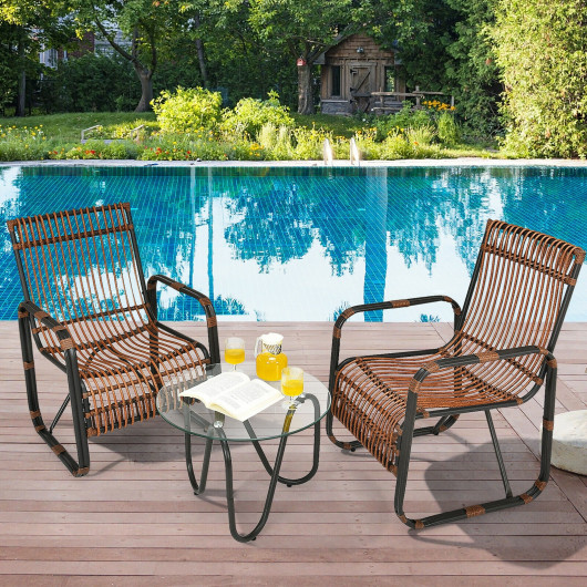 3 Pieces Patio Rattan Furniture Set with 2 Single Wicker Chairs and Glass Side Table - Image 2