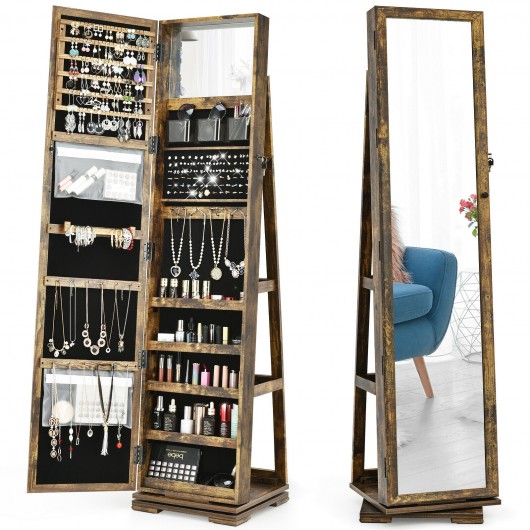 360 Rotatable 2-in-1 Lockable Jewelry Cabinet with Full-Length Mirror-Rustic Brown