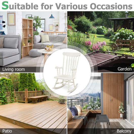 Rocking Chair with Solid Wooden Frame for Garden and Patio-White - Image 3