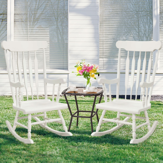 Rocking Chair with Solid Wooden Frame for Garden and Patio-White - Image 2