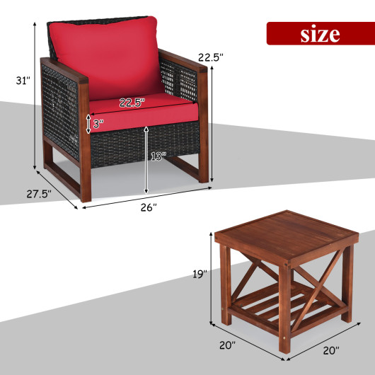 3 Pieces Acacia Wood Patio Furniture Set with Coffee Table-Red - Image 2