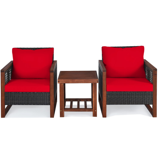 3 Pieces Acacia Wood Patio Furniture Set with Coffee Table-Red - Image 3