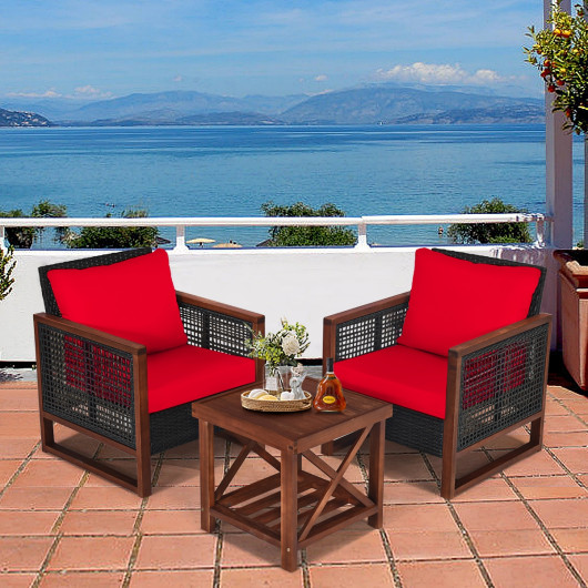 3 Pieces Acacia Wood Patio Furniture Set with Coffee Table-Red - Image 4