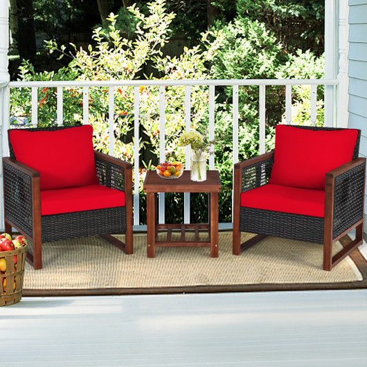 3 Pieces Acacia Wood Patio Furniture Set with Coffee Table-Red - Image 6