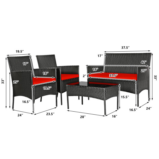 4 Pcs Patio Rattan Cushioned Sofa Furniture Set with Tempered Glass Coffee Table-Red - Image 6