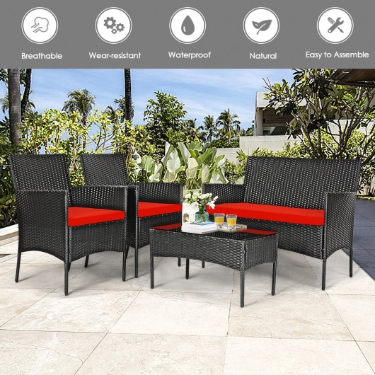 4 Pcs Patio Rattan Cushioned Sofa Furniture Set with Tempered Glass Coffee Table-Red - Image 3